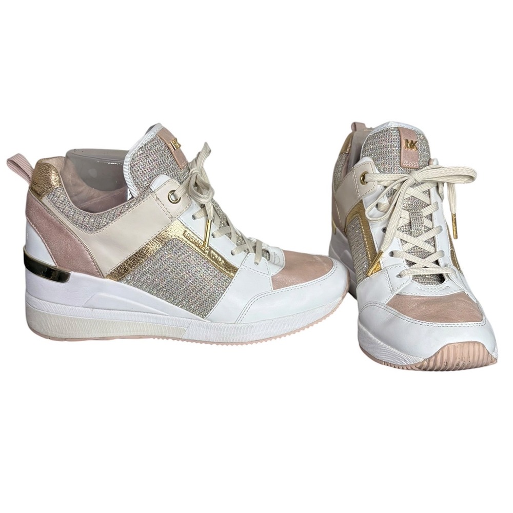 Michael Kors White Pink Wedge Sneakers Glitter Leather Women's Size 8.5M
